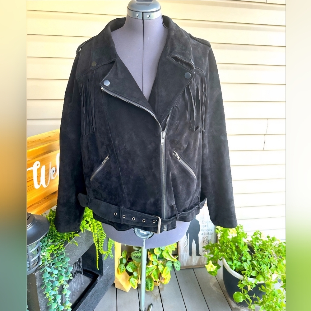 Love and Legend black Moto black suede genuine leather jacket with fringe